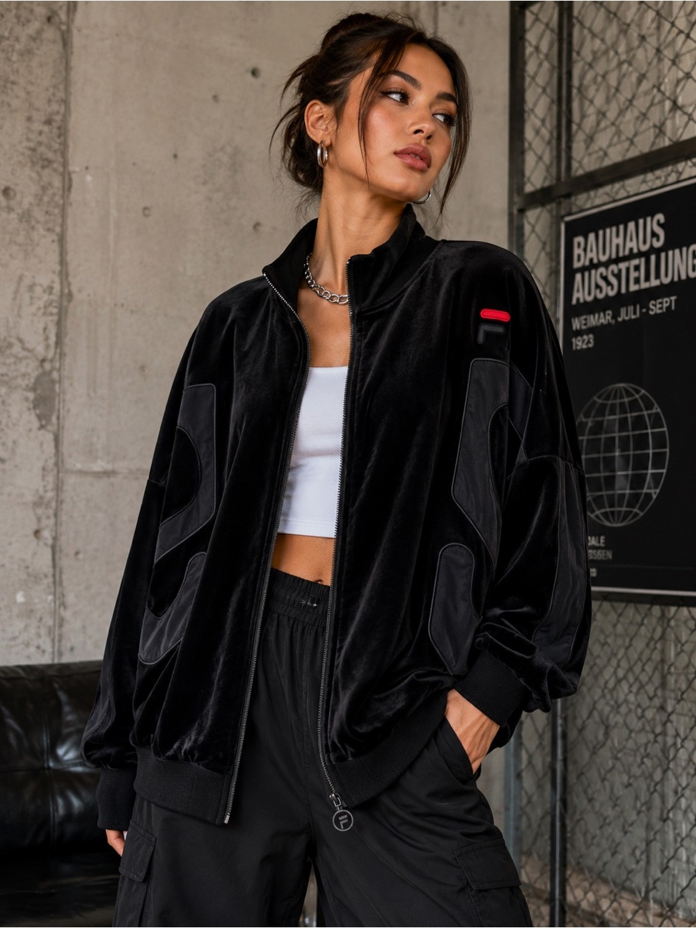 Fila Velour Track Jacket Black Oversized Y2K Streetwear XL